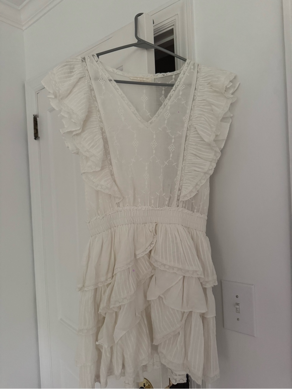 LoveShackFancy Cream Ruffle Tiered Mini Dress